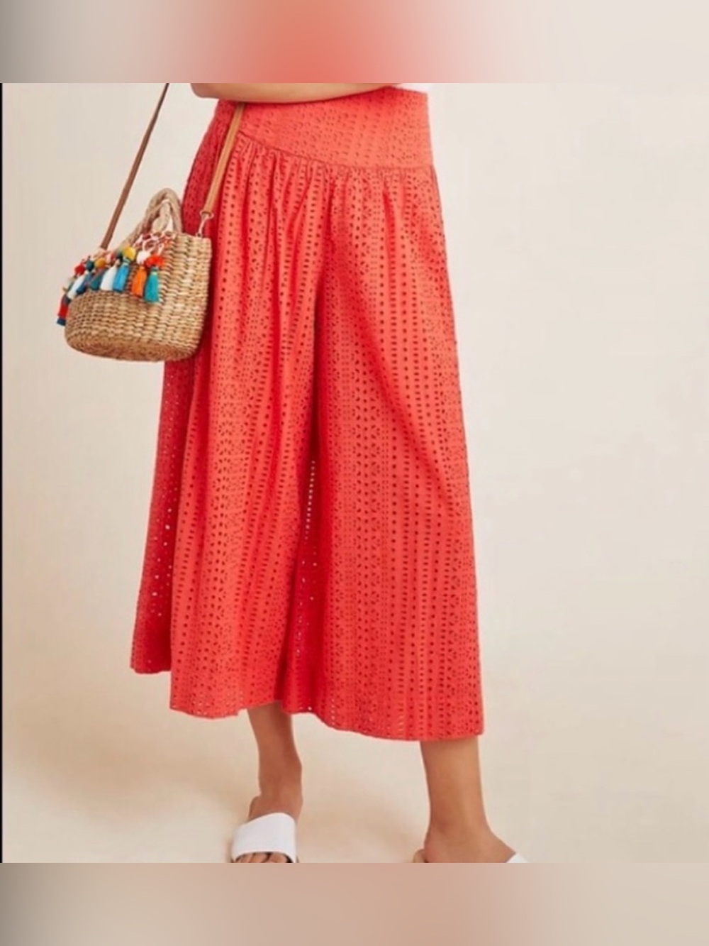 Anthropologie Washed Coral Red Eyelet Wide Leg Pants Size 6 Cotton Palazzo